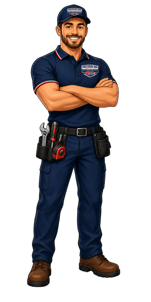 Precision One Services technician in navy uniform with tool belt