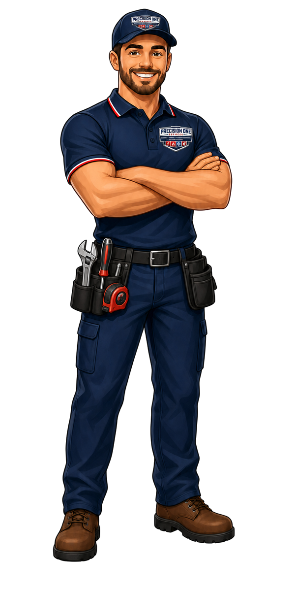 Precision One Services technician in navy uniform with tool belt