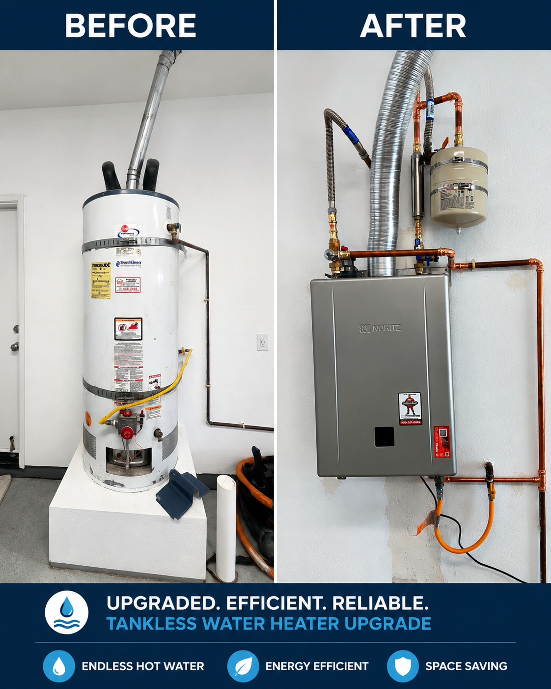 Before and after tankless water heater plumbing upgrade completed by Precision One Services