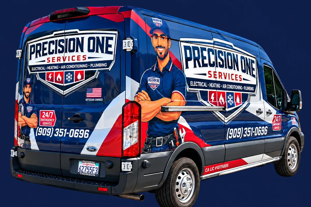 Precision One Services wrapped van, rear and passenger-side view